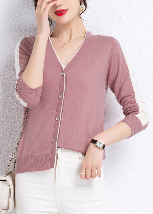 Pink Button Colorblock Wool Knit Cardigans Long Sleeve