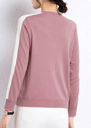 Pink Button Colorblock Wool Knit Cardigans Long Sleeve