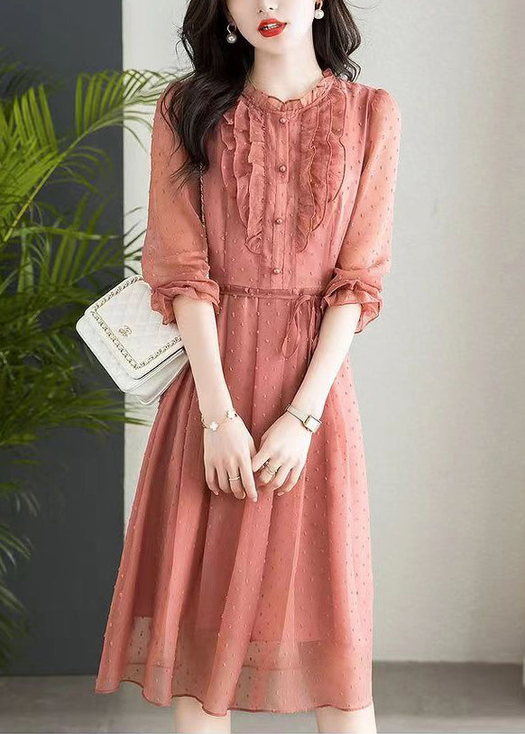 Pink Button Patchwork Chiffon Dresses O Neck Half Sleeve