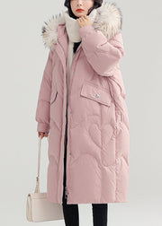 Pink Button Patchwork Duck Down Puffer Coat Zip Up Long Sleeve