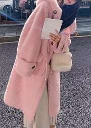 Pink Button Pockets Mink Velvet Coat Hooded Spring