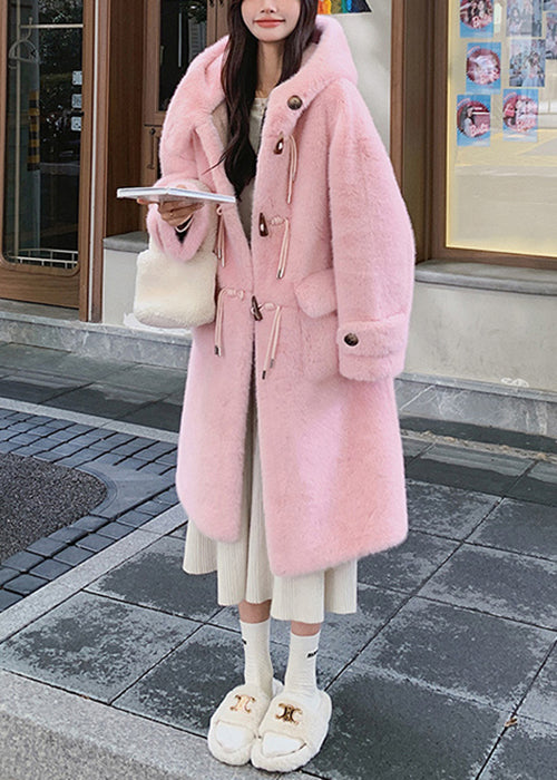 Pink Button Pockets Mink Velvet Coat Hooded Spring