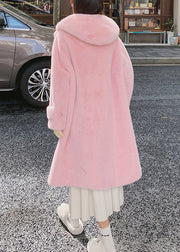 Pink Button Pockets Mink Velvet Coat Hooded Spring