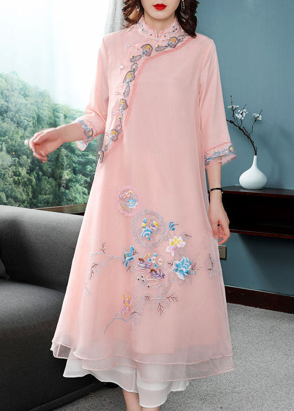 Pink Chiffon Chinese Style Dresses Chinese Button Embroideried Bracelet Sleeve