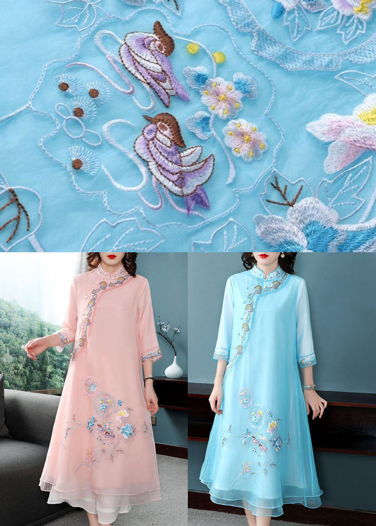 Pink Chiffon Chinese Style Dresses Chinese Button Embroideried Bracelet Sleeve