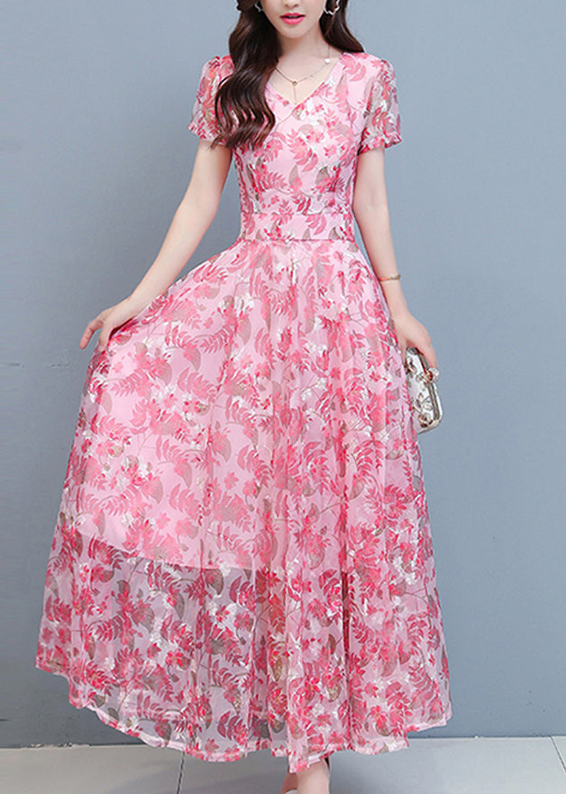 Pink Chiffon Holiday Maxi Dresses Short Sleeve