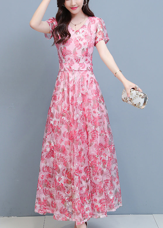 Pink Chiffon Holiday Maxi Dresses Short Sleeve