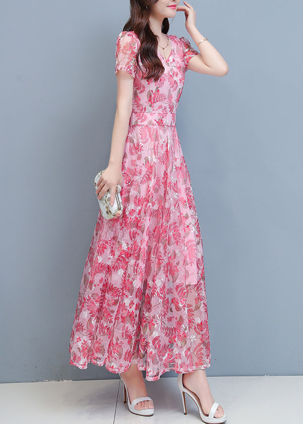 Pink Chiffon Holiday Maxi Dresses Short Sleeve