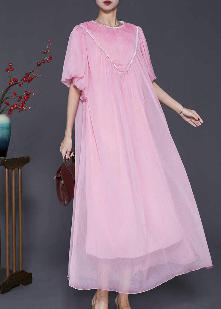 Pink Chiffon Maxi Dress Exra Large Hem Nail Bead Lantern Sleeve