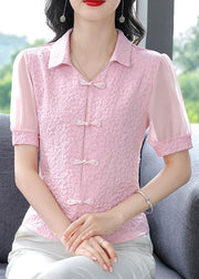 Pink Chiffon Shirts Tops Peter Pan Collar Chinese Button Summer