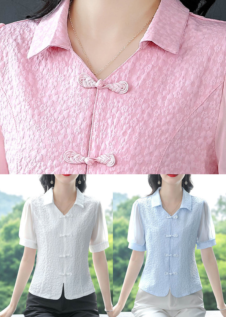 Pink Chiffon Shirts Tops Peter Pan Collar Chinese Button Summer