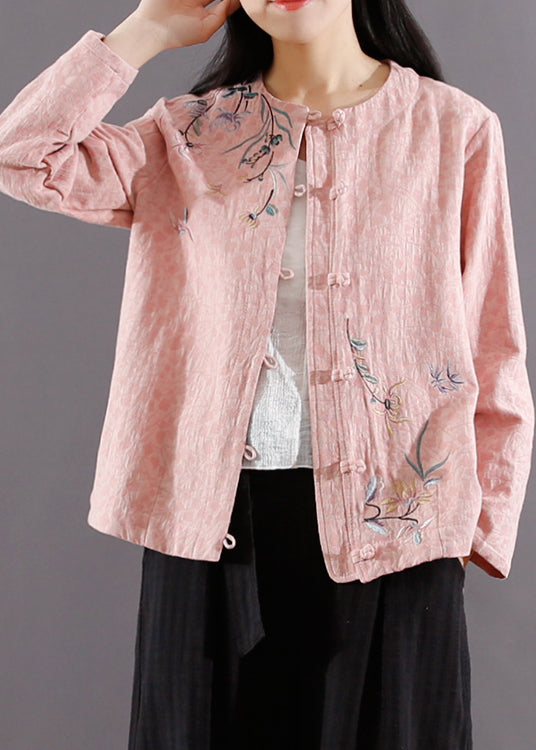 Pink Chinese Button Patchwork Cotton Coat Jacquard Long Sleeve