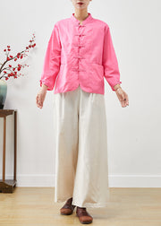 Pink Chinese Style Linen Two Pieces Set Mandarin Collar Fall