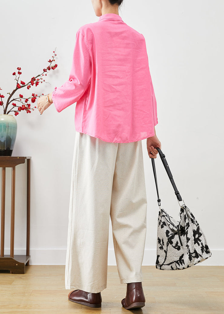 Pink Chinese Style Linen Two Pieces Set Mandarin Collar Fall