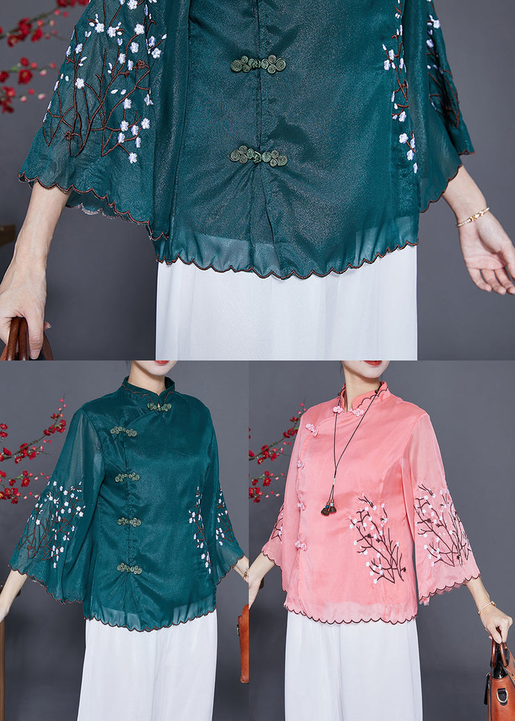 Pink Chinese Style Silk Blouses Embroideried Chinese Button Flare Sleeve