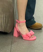 Pink Chunky Heel Chic Bow Buckle Strap Splicing Sandals
