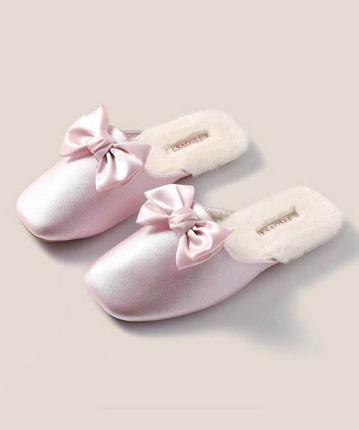 Pink Comfy Faux Leather Slippers Shoes Splicing Bow