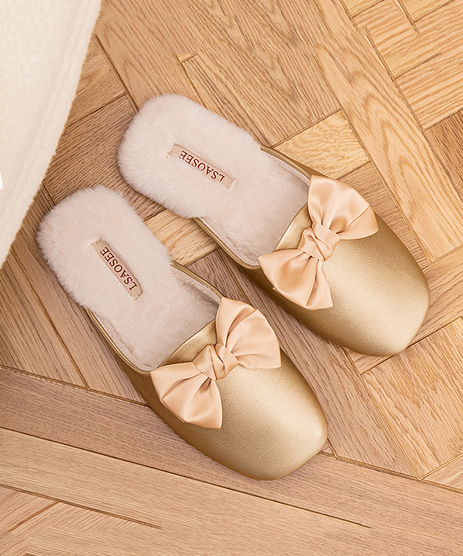 Pink Comfy Faux Leather Slippers Shoes Splicing Bow