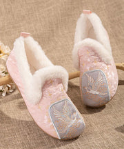 Pink Comfy Fuzzy Wool Lined Flat Shoes Embroidery