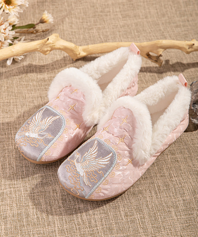 Pink Comfy Fuzzy Wool Lined Flat Shoes Embroidery