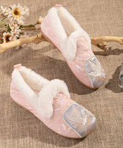 Pink Comfy Fuzzy Wool Lined Flat Shoes Embroidery