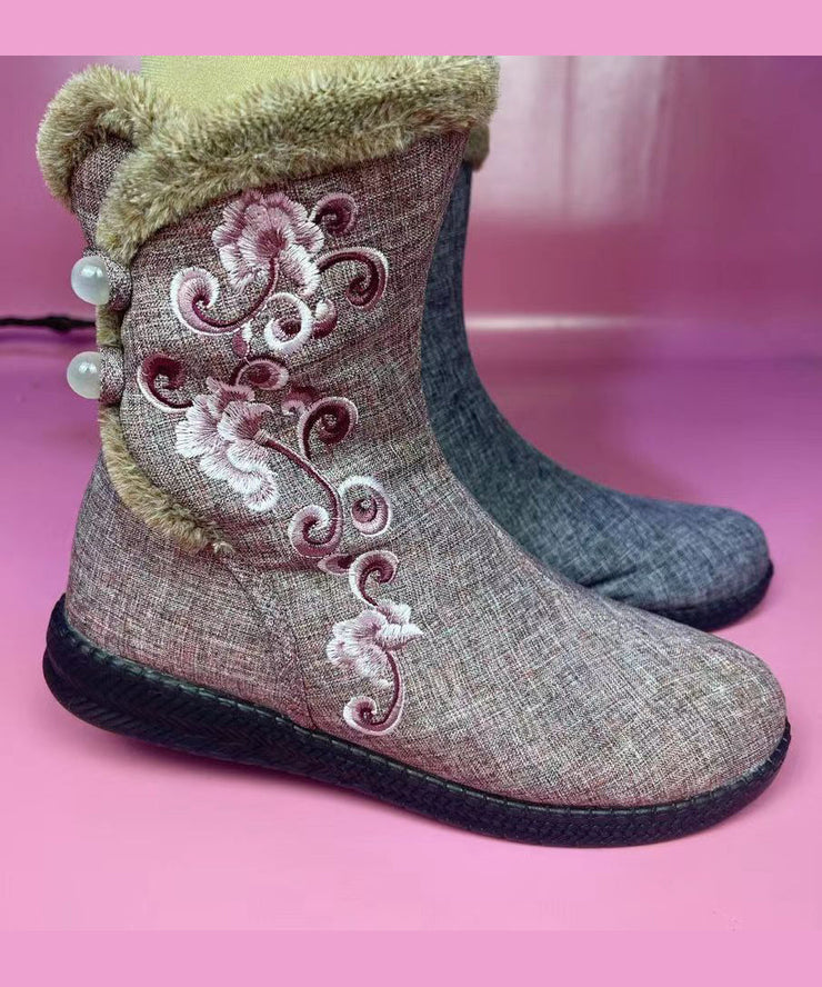 Pink Cotton Fabric Embroidery Splicing Fuzzy Wool Lined Boots