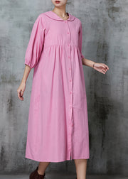 Pink Cotton Long Dresses Oversized Button Down Half Sleeve