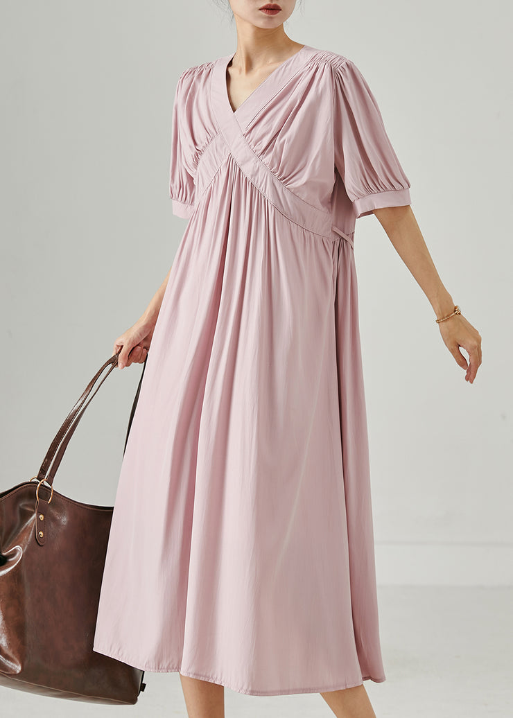 Pink Cotton Long Dresses V Neck Wrinkled Summer