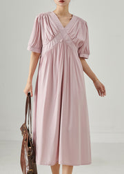 Pink Cotton Long Dresses V Neck Wrinkled Summer