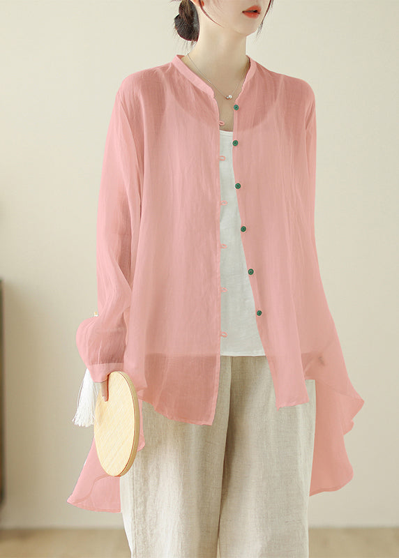 Pink Cotton Shirts Top O Neck Button Low High Design Spring