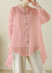 Pink Cotton Shirts Top O Neck Button Low High Design Spring