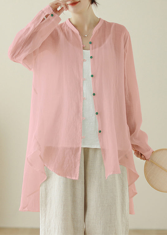 Pink Cotton Shirts Top O Neck Button Low High Design Spring