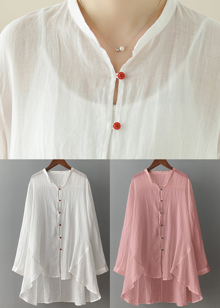 Pink Cotton Shirts Top O Neck Button Low High Design Spring