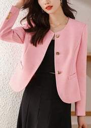 Pink Cotton Short Coats Metal Buttons Spring