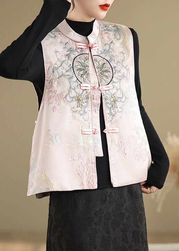 Pink Cotton Vest Embroidered Oriental Button Sleeveless