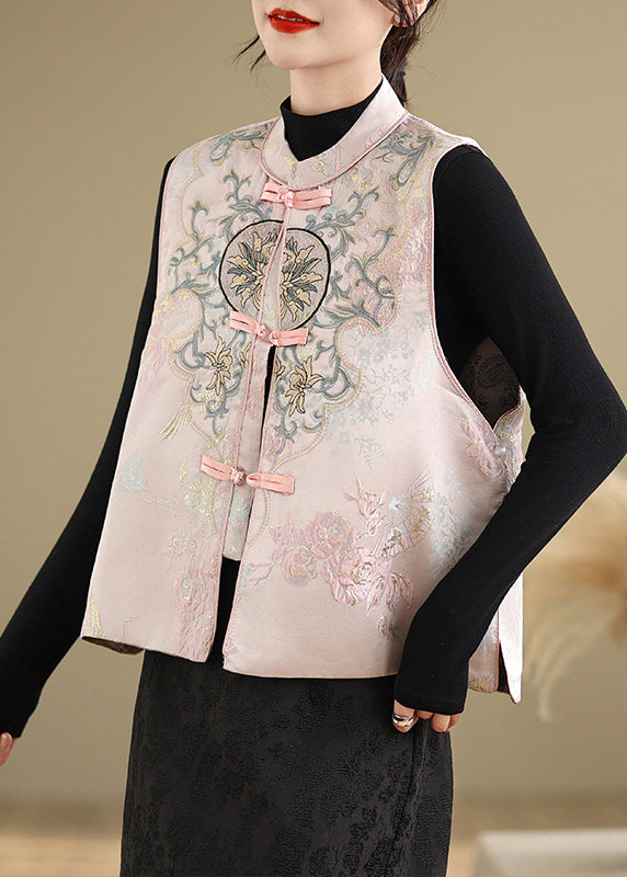 Pink Cotton Vest Embroidered Oriental Button Sleeveless