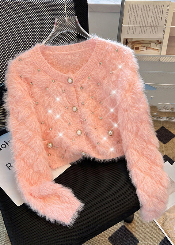 Pink Cozy Fuzzy Fur Fluffy Cardigan Zircon Spring