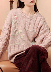 Pink Embroidered Loose Knit Sweater O-Neck Spring