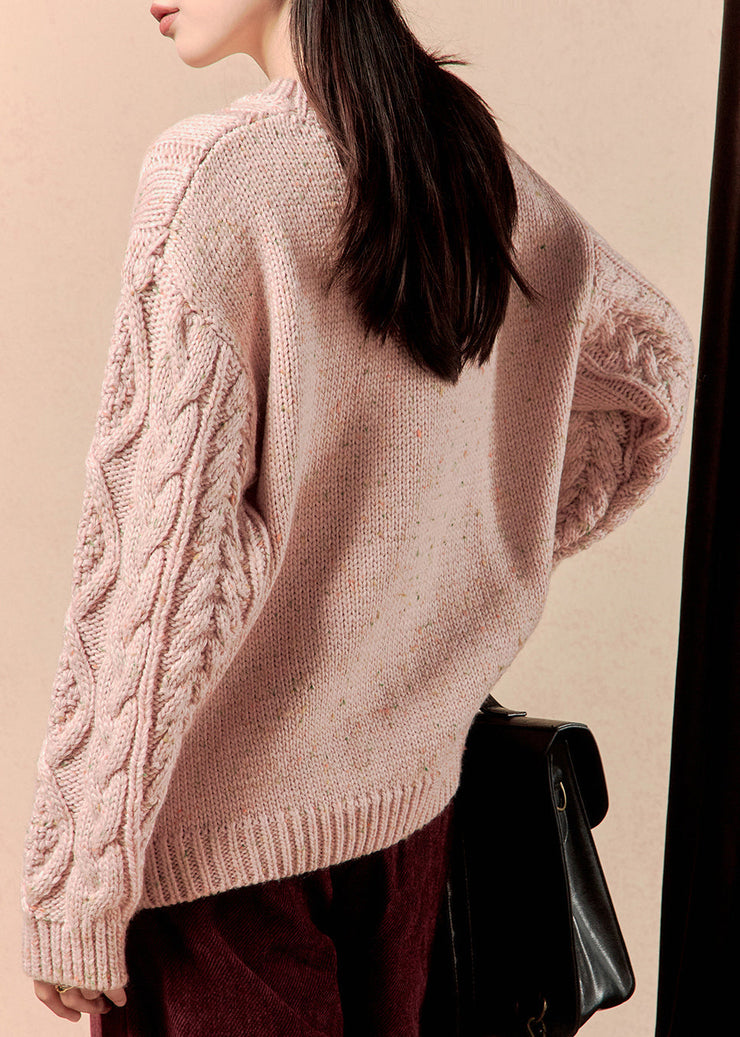 Pink Embroidered Loose Knit Sweater O-Neck Spring