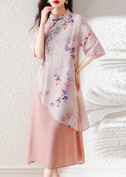 Pink Embroidered Patchwork Linen Dress Asymmetrical Summer