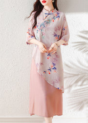 Pink Embroidered Patchwork Linen Dress Asymmetrical Summer