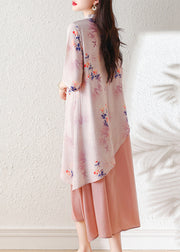 Pink Embroidered Patchwork Linen Dress Asymmetrical Summer