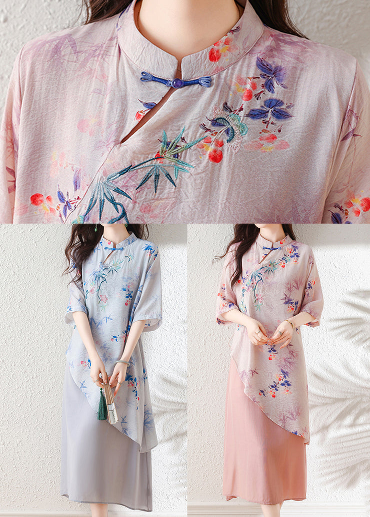 Pink Embroidered Patchwork Linen Dress Asymmetrical Summer