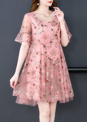 Pink Embroidered Tulle Mid Dress O Neck Short Sleeve