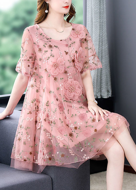 Pink Embroidered Tulle Mid Dress O Neck Short Sleeve
