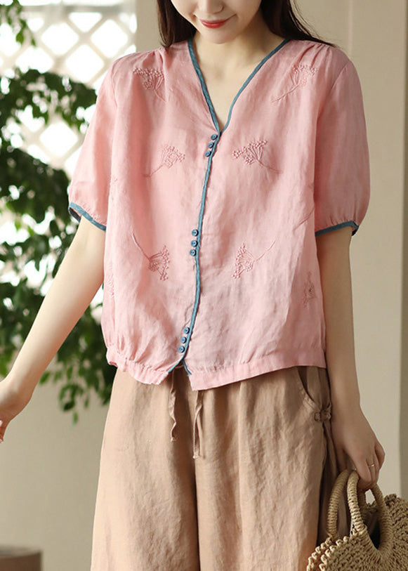 Pink Embroideried Patchwork Ramie Shirts Short Sleeve