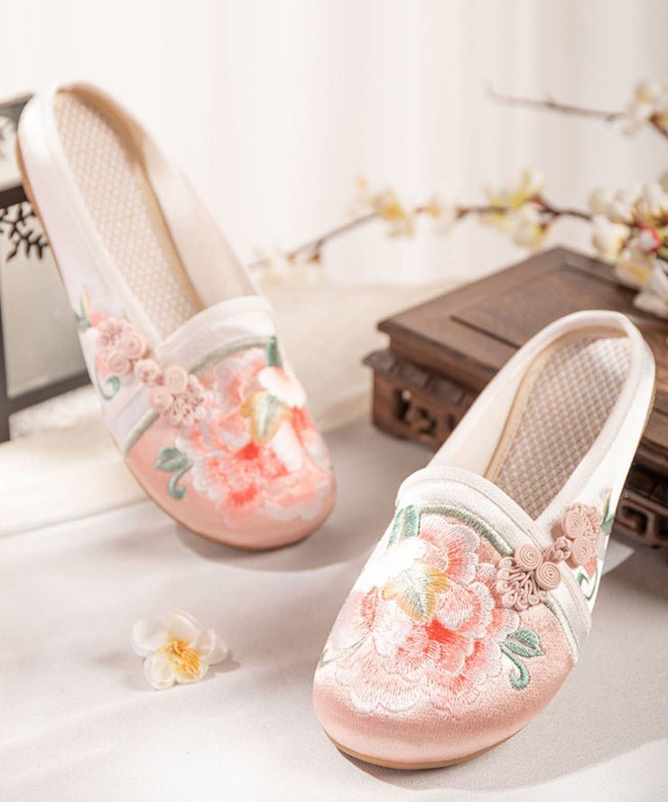 Pink Embroideried Slide Sandals Handmade Splicing Cotton Fabric