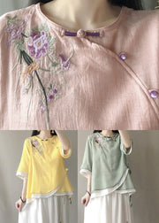 Pink Fake Two Piece Linen Blouses Embroidered Chinese Button Summer