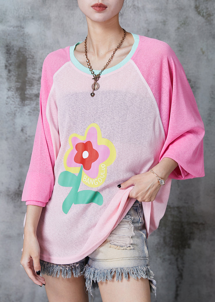Pink Floral Cotton UPF 50+ Shirt Tops Oversized Summer