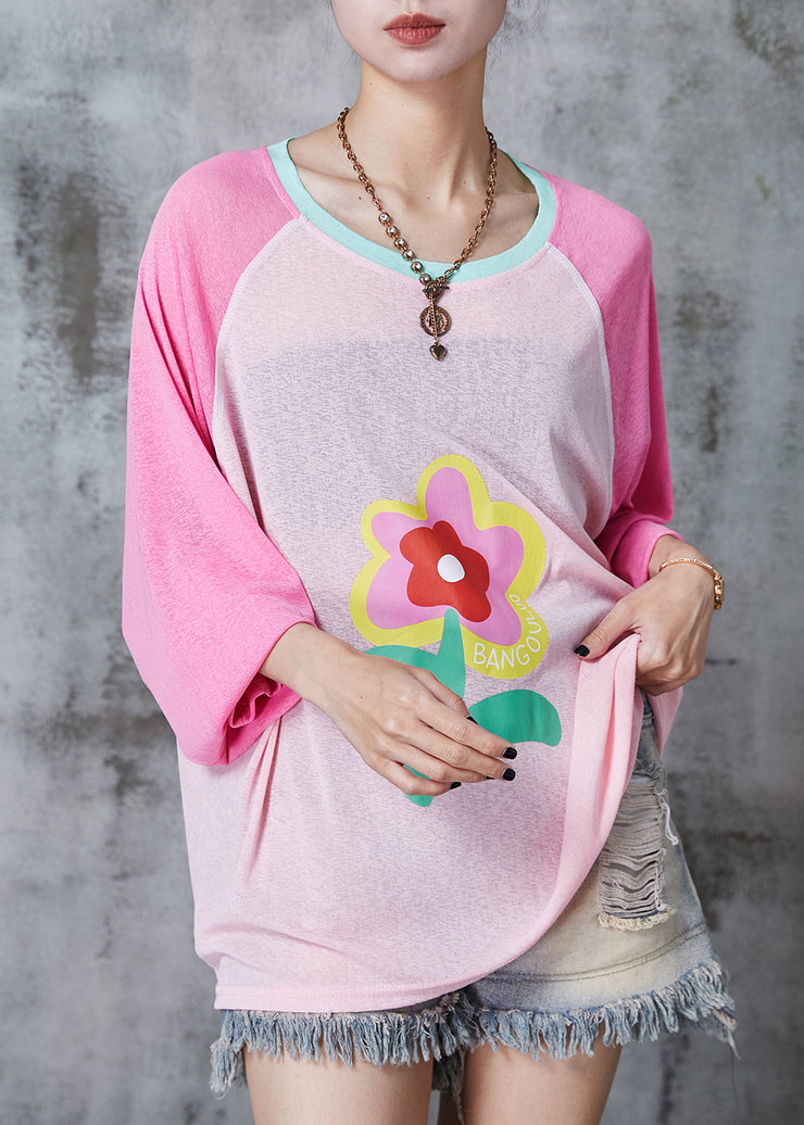 Pink Floral Cotton UPF 50+ Shirt Tops Oversized Summer